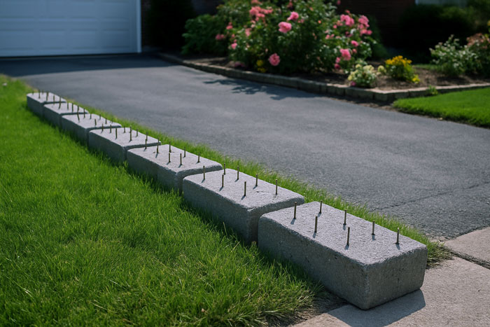 Concrete blocks with nails placed along a yard edge to stop an entitled neighbor from driving over the grass. Concrete blocks with nails placed along a yard edge to stop an entitled neighbor from driving over the grass.