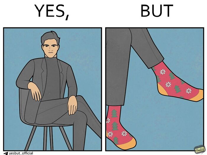 Illustration from funny Yes But comics showing a man in a suit sitting and a close-up of colorful socks.