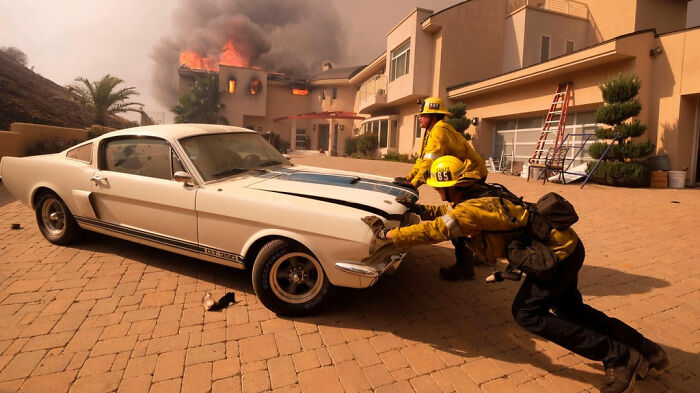 Firefighters pushing a vintage car near a burning house, showcasing the intensity of different jobs making 9-to-5 more bearable.