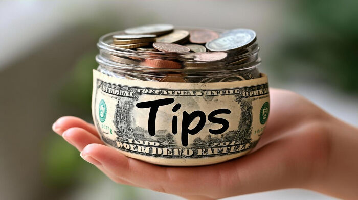 Hand holding a glass jar wrapped in a dollar bill filled with coins, representing quitting jobs tips and stories.
