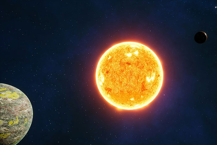 Bright glowing sun in space surrounded by planets, illustrating random facts about the universe and science.