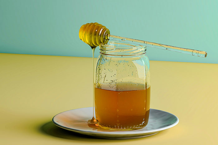 Jar of honey with honey dipper dripping golden honey onto a white plate, showing truly random facts concept.