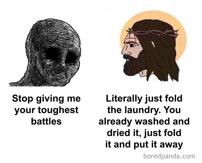 Two illustrated faces with text about struggles and folding laundry, featuring hilarious memes to ease stress and bring laughter.