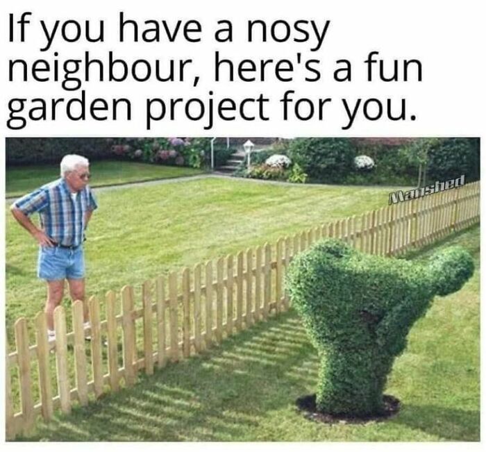 Man looking at garden bush shaped like a bending figure, a funny meme to help you disassociate in a fun way.