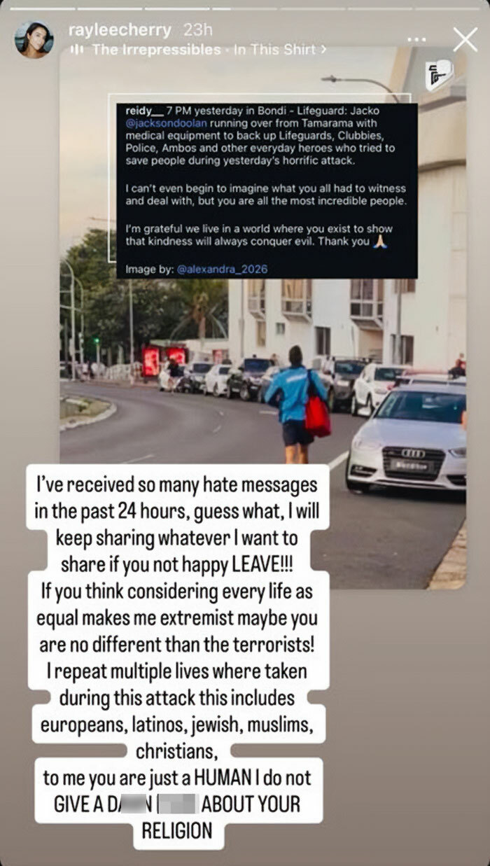 Instagram story post by swimwear model responding to outrage with tone deaf posts after Bondi Beach attack, street scene background. Instagram story post by swimwear model responding to outrage with tone deaf posts after Bondi Beach attack, street scene background.
