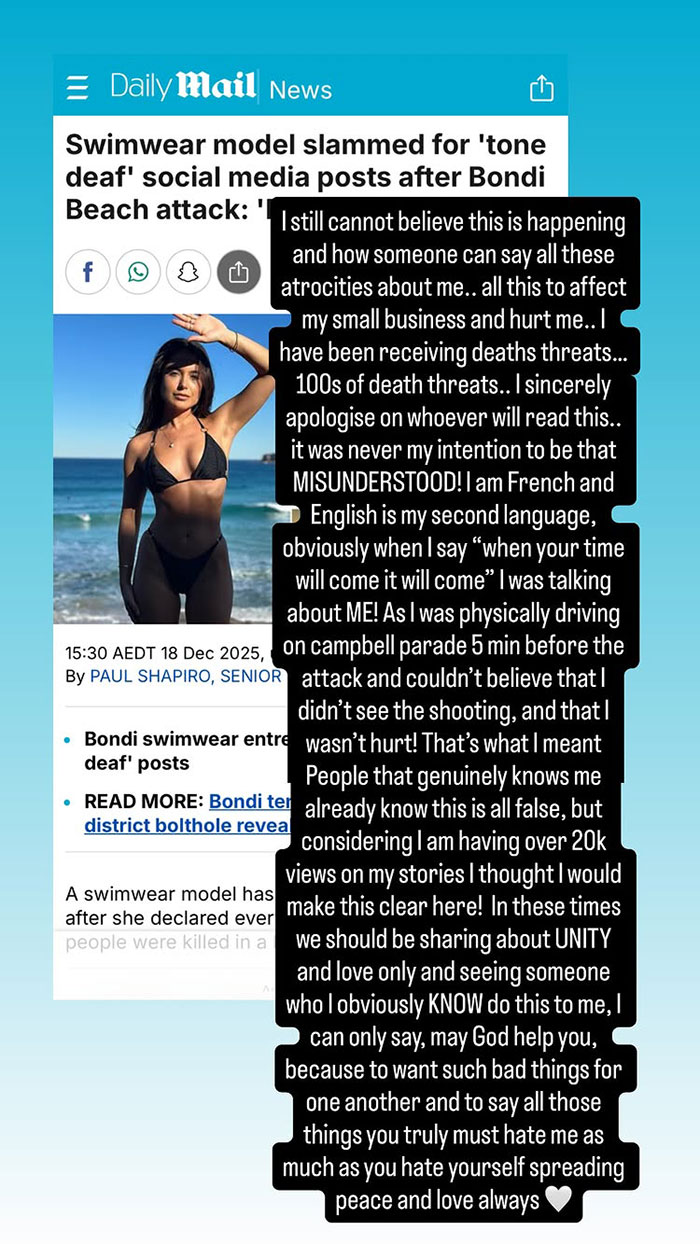 Swimwear model responds to outrage over tone deaf posts after Bondi Beach attack with apology and message of unity. Swimwear model responds to outrage over tone deaf posts after Bondi Beach attack with apology and message of unity.