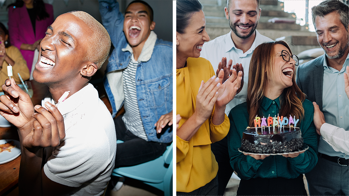 Two lively birthday celebrations showing friends laughing and enjoying moments with birthday jokes and cake.