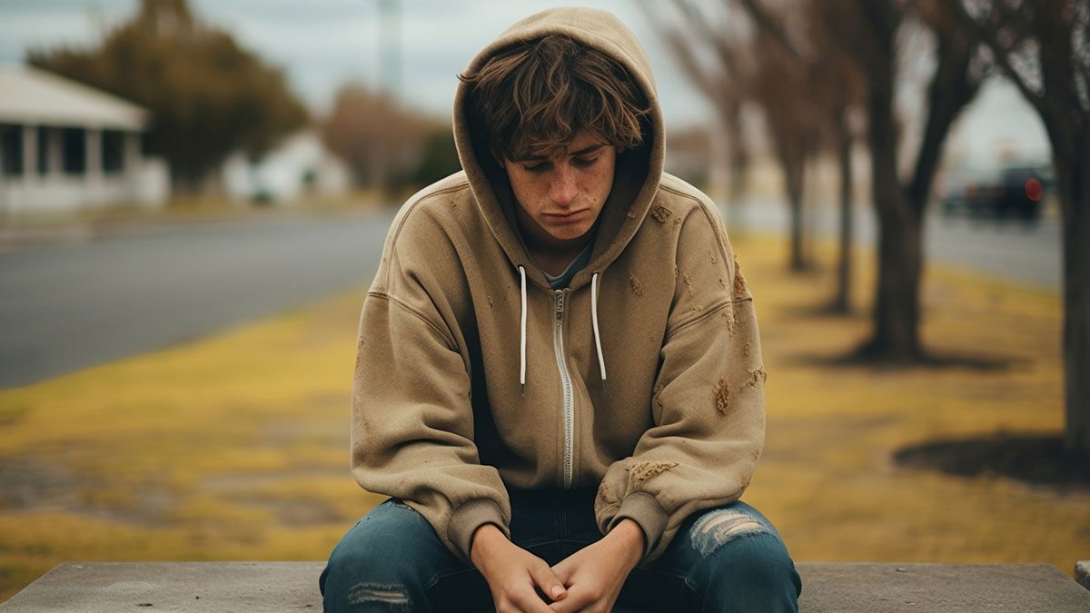 Teen boy in a worn hoodie sitting outside looking upset, reflecting on stepmom and half-siblings family issues.