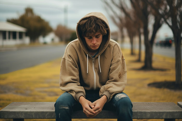 Teen boy in a torn hoodie sitting alone on a bench, reflecting on refusing to establish relationship with fathers and kids. Teen boy in a torn hoodie sitting alone on a bench, reflecting on refusing to establish relationship with fathers and kids.