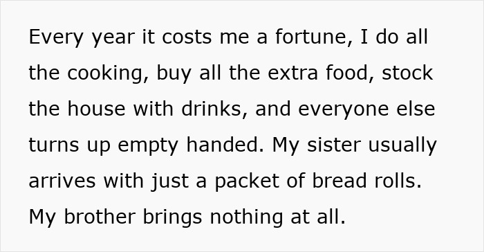 Text discussing a family demanding person hosts Christmas dinner while not helping, despite earning the most. Text discussing a family demanding person hosts Christmas dinner while not helping, despite earning the most.
