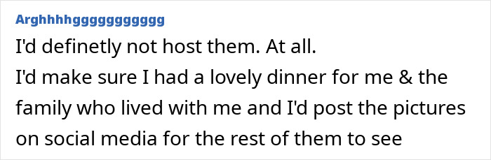 Text post about family demanding person hosts Christmas dinner despite not helping, highlighting family conflict and expectations. Text post about family demanding person hosts Christmas dinner despite not helping, highlighting family conflict and expectations.