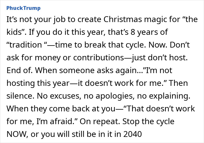 Mensagem de texto discutindo a pressão para oferecer a ceia de Natal sem ajuda e quebrando o ciclo de demandas familiares.