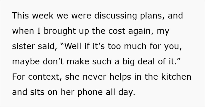 Text discussing family demands person hosts Christmas dinner while not helping, highlighting unfair contribution and cost concerns. Text discussing family demands person hosts Christmas dinner while not helping, highlighting unfair contribution and cost concerns.