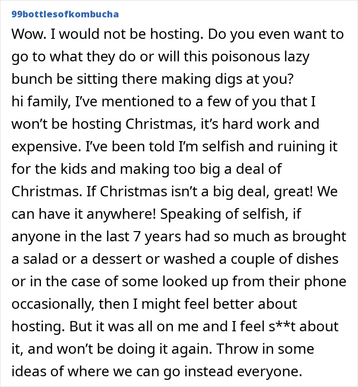 Social media post about family demanding person hosts Christmas dinner without helping despite earning the most. Social media post about family demanding person hosts Christmas dinner without helping despite earning the most.