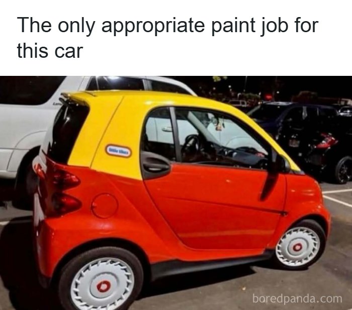 Smart car painted in bright red and yellow resembling a toy, featured in memes to handle reality with humor.