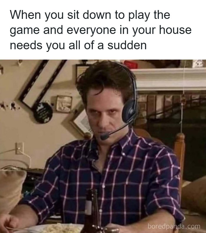 Man wearing headset looking annoyed while gaming, illustrating memes to handle reality with humor and unexpected interruptions.