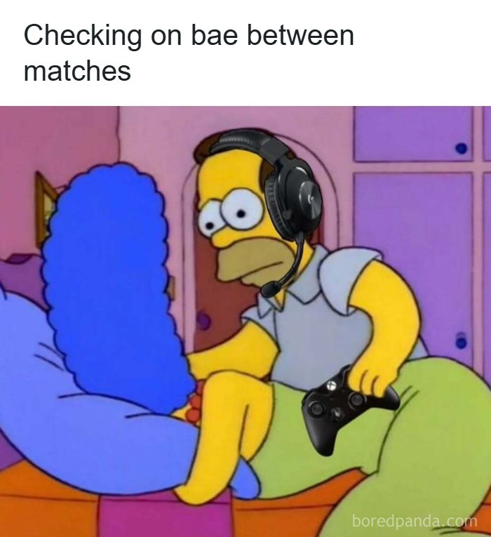 Homer Simpson wearing a gaming headset and holding a controller while checking on Marge in a humorous meme.