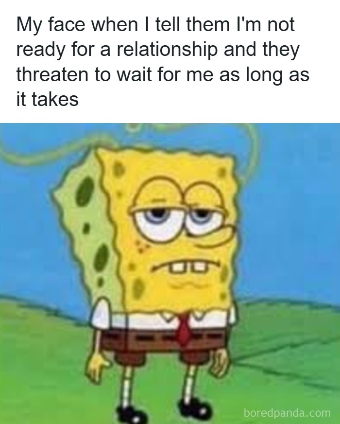 SpongeBob meme showing tired expression, illustrating humor to handle reality with relatable relationship struggles.