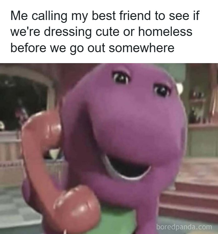 Purple dinosaur holding a phone, meme about checking outfit status, featuring humor from reality memes collection.
