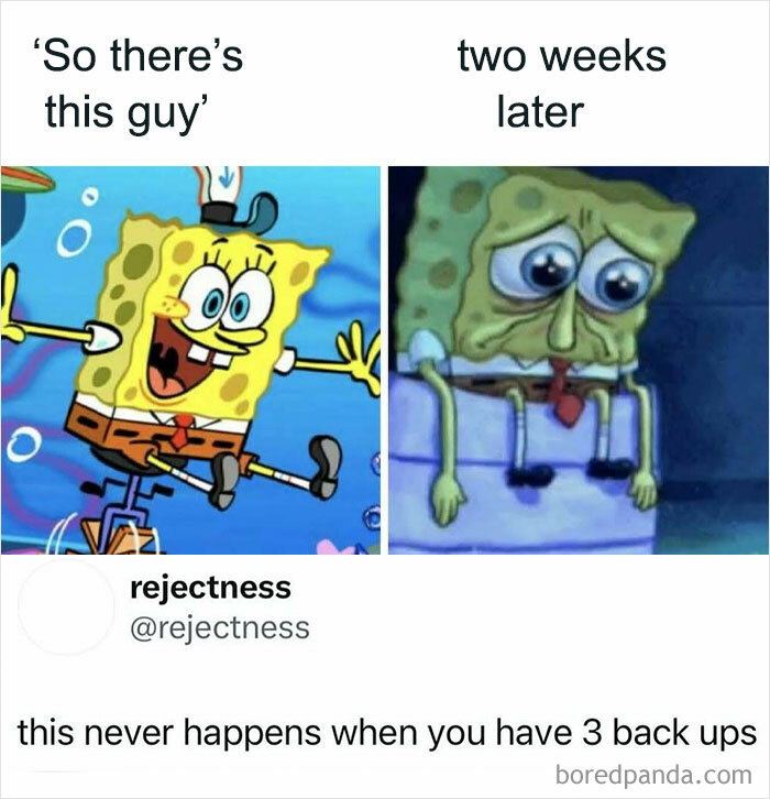 Two SpongeBob memes showing excitement and sadness to illustrate reality humor in popular memes.
