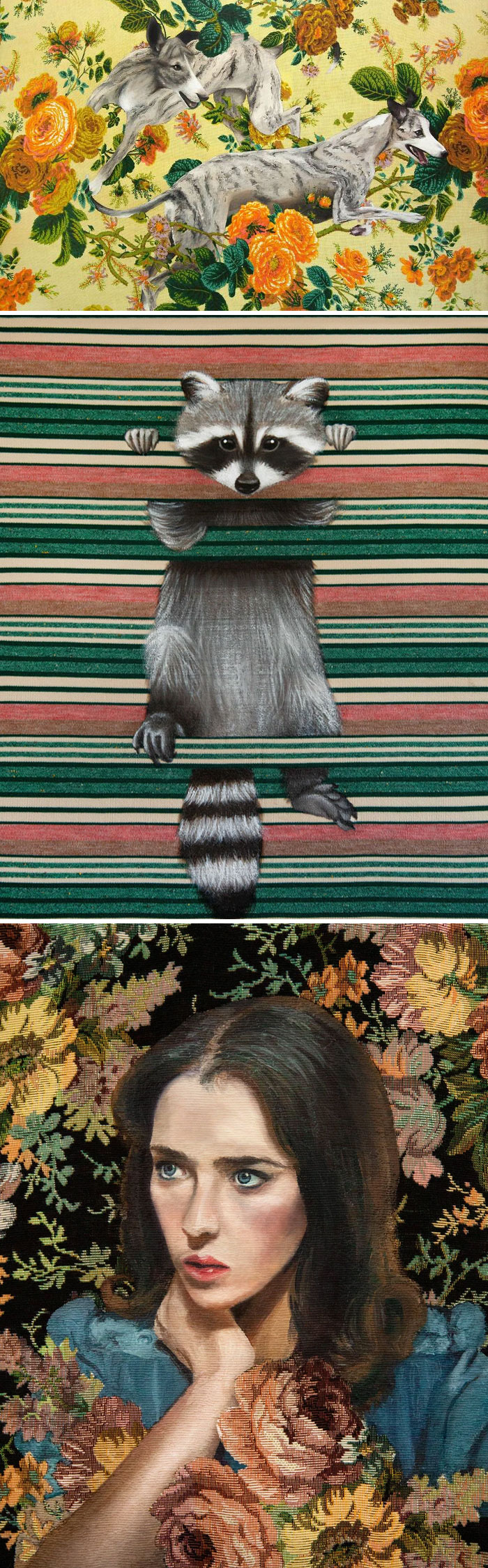 Thrifted paintings personalized with funny and unexpected additions featuring dogs, a raccoon, and a woman in floral backgrounds.