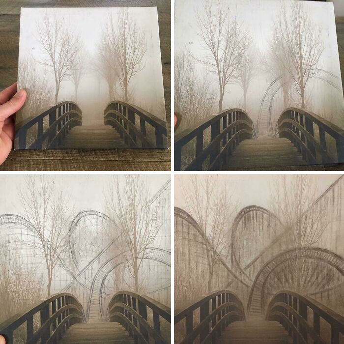 Thrifted painting of a foggy bridge creatively personalized with an unexpected roller coaster design in the background.