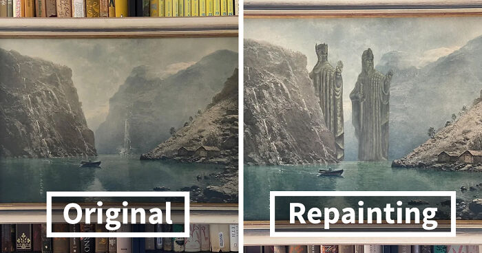 78 People Who Personalized Thrifted Paintings By Adding In Something Funny Or Unexpected (New Pics)