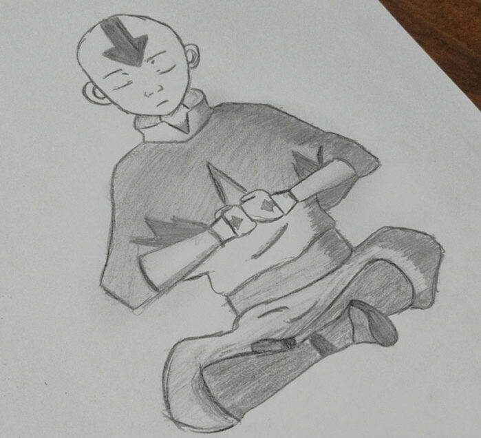 Pencil sketch of a meditating character, part of dad fixing daughter's first real drawing and taking heat for ruining it.