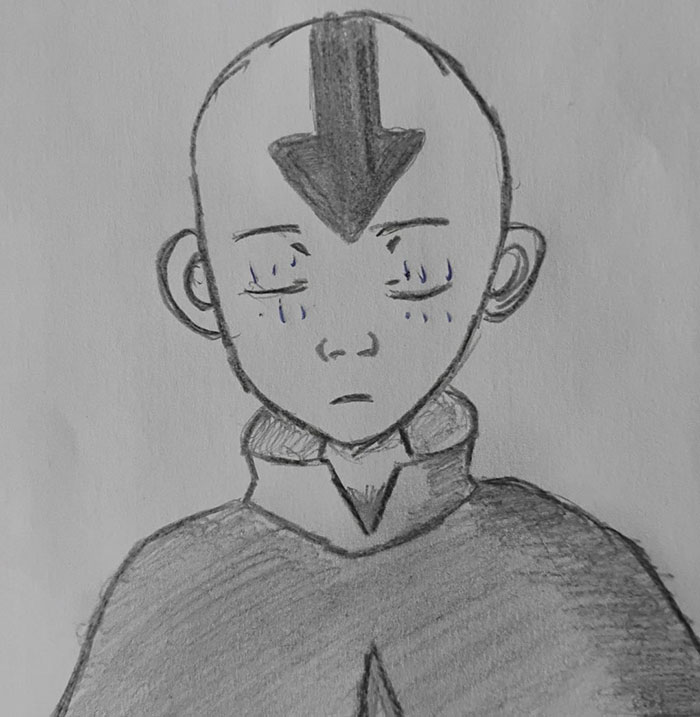 Pencil sketch of a character with an arrow on the head, part of a dad fixing his daughter's first real drawing. Pencil sketch of a character with an arrow on the head, part of a dad fixing his daughter's first real drawing.