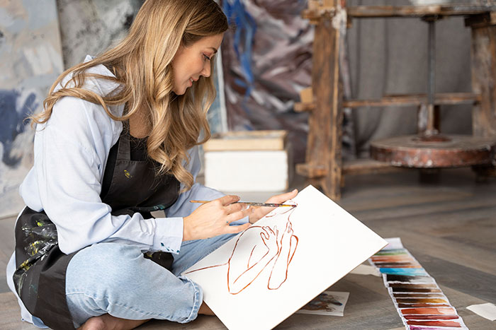 Young woman painting her first real drawing at home as her dad playfully "fixes" it, sparking playful criticism.