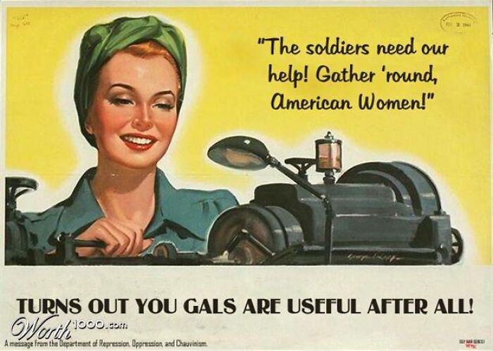 Vintage ad showing a smiling woman with a green headscarf promoting marketing and women’s roles in past campaigns.