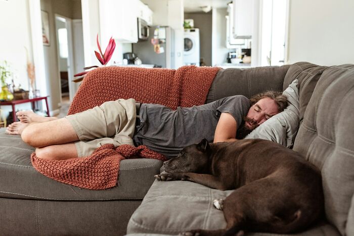 Man and dog resting on a couch in a living room, illustrating harmless but toxic habits impacting daily life.