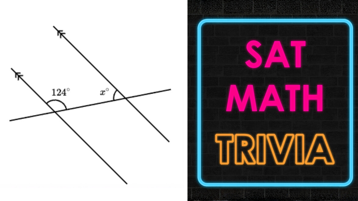 Diagram showing angles with parallel lines on the left and a neon sign reading SAT math trivia on the right.