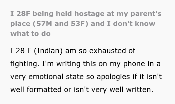 Text excerpt from a person being held hostage at their parents’ place, expressing exhaustion and emotional distress. Text excerpt from a person being held hostage at their parents’ place, expressing exhaustion and emotional distress.