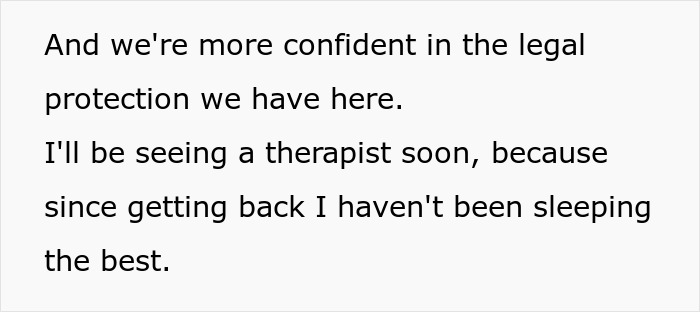 Text excerpt discussing legal protection and planning to see a therapist after being held hostage at parents’ place. Text excerpt discussing legal protection and planning to see a therapist after being held hostage at parents’ place.