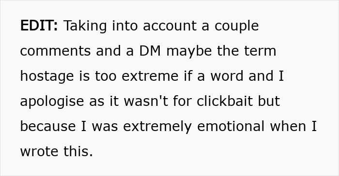 Edit text explaining the use of the word hostage and sharing an emotional apology for the post’s tone. Edit text explaining the use of the word hostage and sharing an emotional apology for the post’s tone.