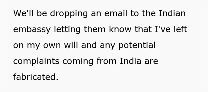 Text excerpt discussing sending an email to the Indian embassy about being held hostage at parents’ place. Text excerpt discussing sending an email to the Indian embassy about being held hostage at parents’ place.
