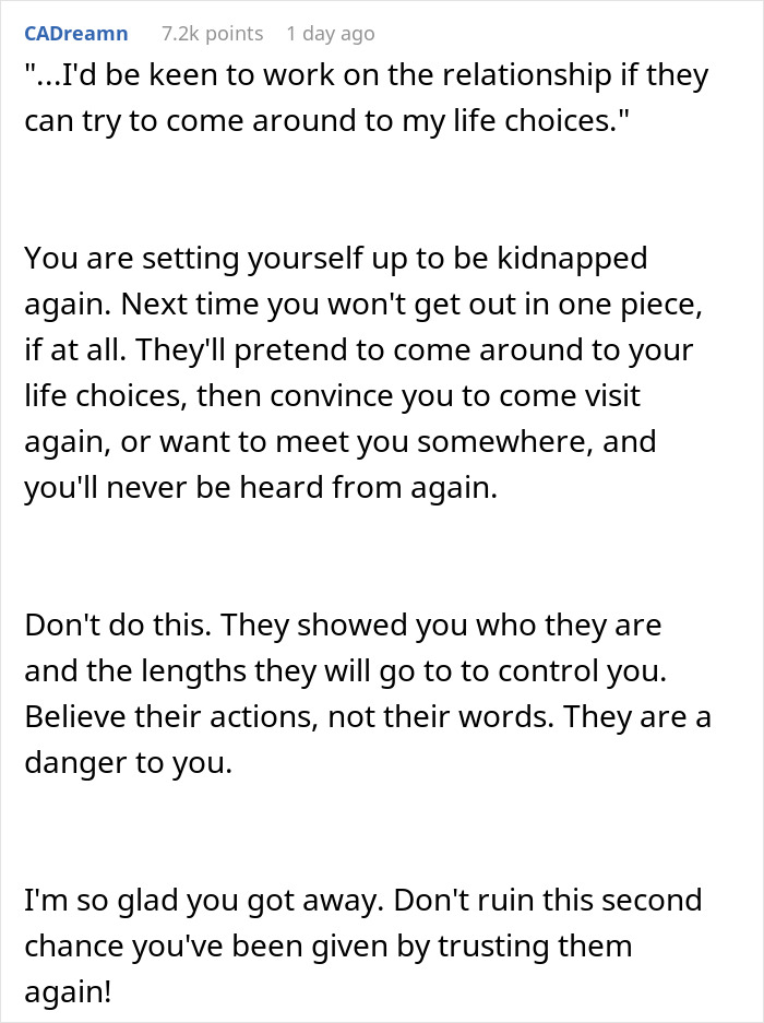 Text from an online discussion warning about the danger of being held hostage at parents' place and advising caution and trust in actions. Text from an online discussion warning about the danger of being held hostage at parents' place and advising caution and trust in actions.