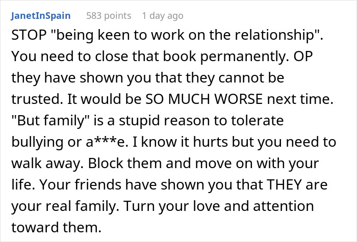 Screenshot of online advice discussing being held hostage at parents’ place, urging to block and move on for mental well-being. Screenshot of online advice discussing being held hostage at parents’ place, urging to block and move on for mental well-being.