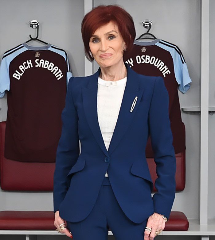 Sharon Osbourne in navy suit standing in front of jerseys, addressing Kelly’s heartbreaking weight loss in a formal setting Sharon Osbourne in navy suit standing in front of jerseys, addressing Kelly’s heartbreaking weight loss in a formal setting