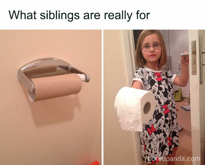 Empty toilet paper roll on holder and young girl offering a full roll illustrating sibling humor and relationships.