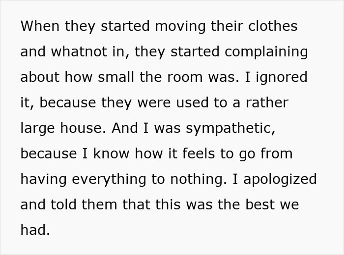 Text excerpt showing a woman trying to help her brother and his wife, facing entitled behavior complaints about a small room.