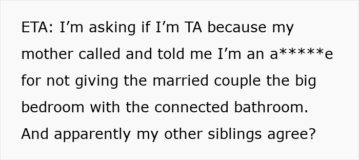 Text excerpt showing a woman trying to help her brother and his wife, encountering entitled behavior about bedroom arrangements.