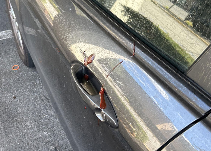 Car door handle with red paint splattered as an act of diabolical revenge against an enemy.