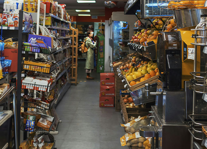 A narrow grocery store aisle with fresh fruit and snack shelves, and a person standing in the background.