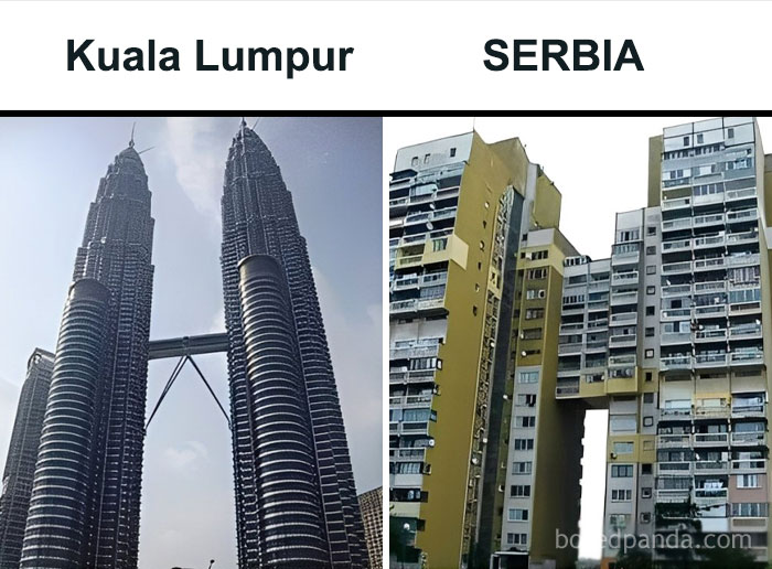 Comparison of Kuala Lumpur Petronas Towers and a unique Eastern European residential building in Serbia, showcasing architectural differences.