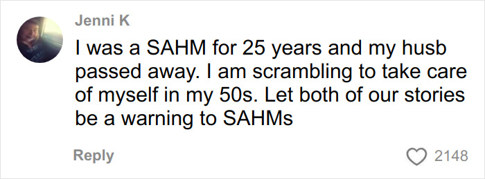 Comment from Jenni K about struggling as a SAHM after loss, highlighting challenges SAHMs face unexpectedly. Comment from Jenni K about struggling as a SAHM after loss, highlighting challenges SAHMs face unexpectedly.