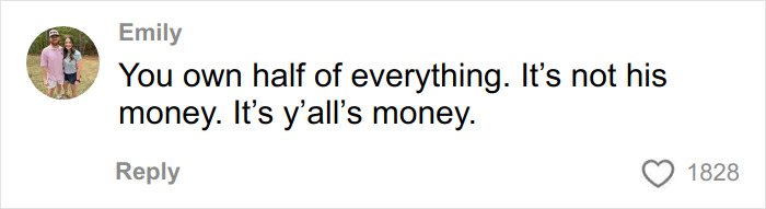 Commenter Emily explaining financial rights to a stay-at-home mom facing divorce and unexpected challenges. Commenter Emily explaining financial rights to a stay-at-home mom facing divorce and unexpected challenges.