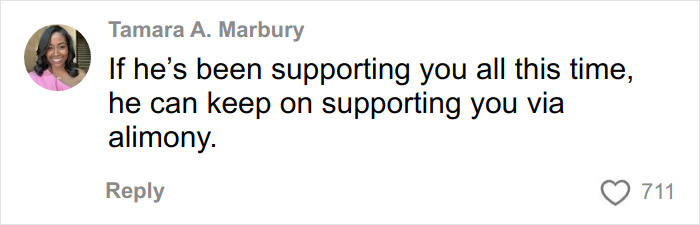 Comment by Tamara A. Marbury advising on alimony support for a stay-at-home mom facing divorce challenges. Comment by Tamara A. Marbury advising on alimony support for a stay-at-home mom facing divorce challenges.