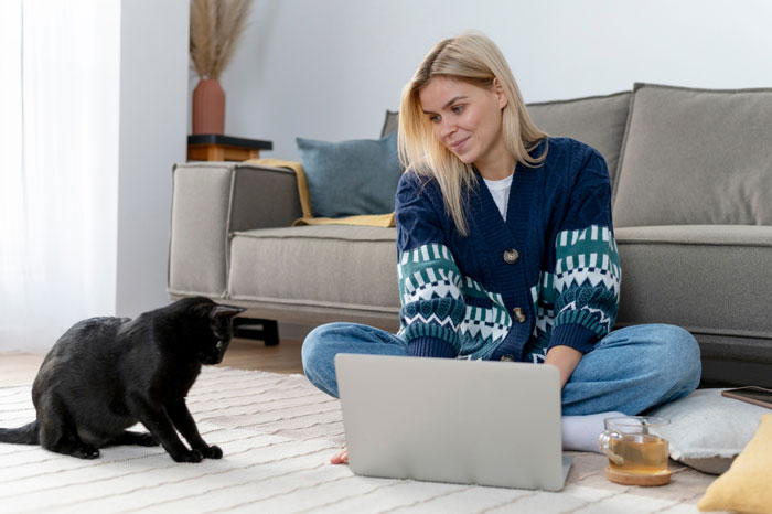 Woman sitting on the floor with laptop and black cat nearby, illustrating stealing wrong cat while paying bills concept. Woman sitting on the floor with laptop and black cat nearby, illustrating stealing wrong cat while paying bills concept.
